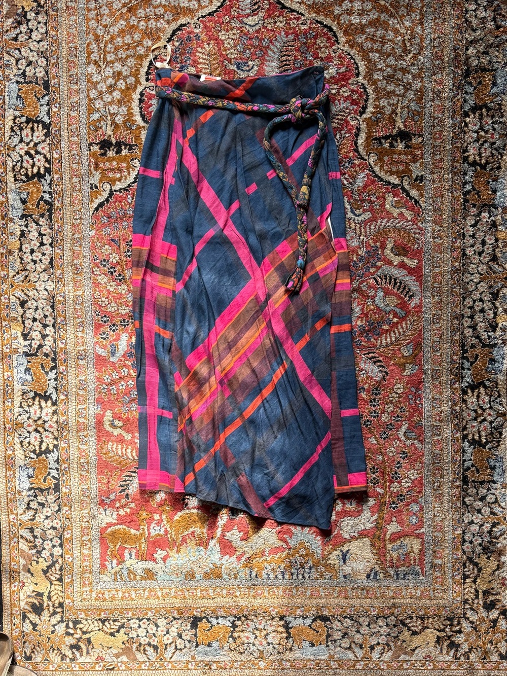 Anthropologie Navy Midi Wrap Skirt with Pink & Orange Plaid